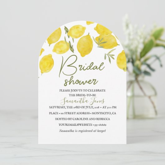 Zitronen Olivenzweig Gelb Rustikales Brautparty Einladung (Stehend Vorderseite)