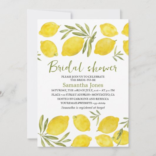 Zitronen Olivenzweig Gelb Rustikales Brautparty Einladung (Vorderseite)