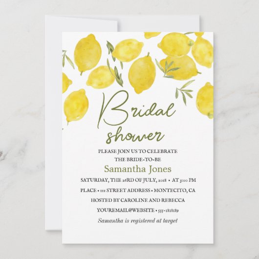 Zitronen Olivenzweig Gelb Rustikales Brautparty Einladung (Vorderseite)