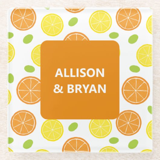 Zitronen, Orangen und Trauben Personalisiert Glasuntersetzer (Vorderseite)