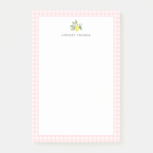 Zitronen-Rosa-Gingham-Rand personalisiert Post-it Klebezettel (Vorderseite)