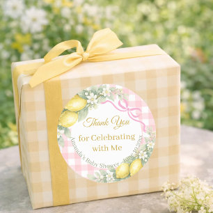 Zitronen rosa Mädchen Gingham Danke Baby Shower Runder Aufkleber