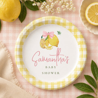 Zitronen-Rosa-Schleife Gingham  Pappteller