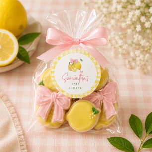 Zitronen-Rosa-Schleife Gingham Runder Aufkleber