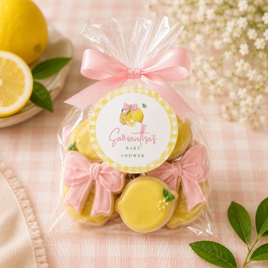 Zitronen-Rosa-Schleife Gingham Runder Aufkleber