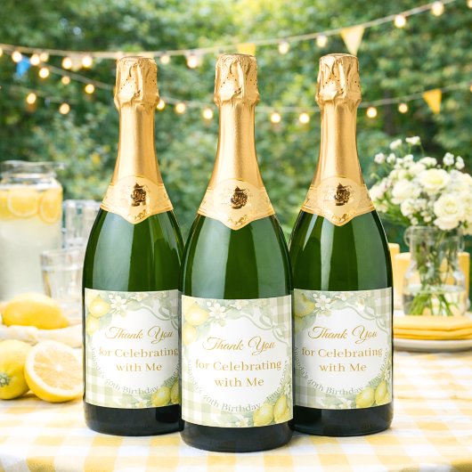 Zitronen salbeigrün gingham Danke Geburtstag Schaumweinetikett