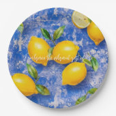 Zitronen tanzen auf blauen antiken Fliesen Pappteller (Vorderseite)