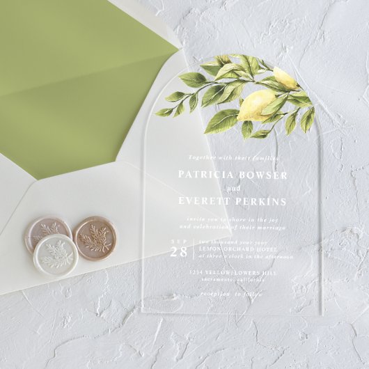 Zitronen und Blätter Botanische Hochzeit Acryleinladungen