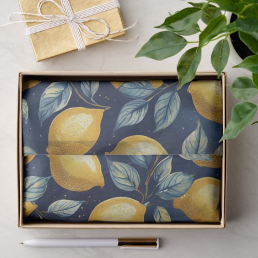 Zitronen und Blätter Gelbblau Muster Decoupage Seidenpapier (Geschenk)