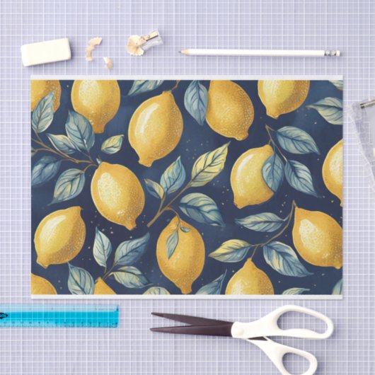 Zitronen und Blätter Gelbblau Muster Decoupage Seidenpapier (Handwerk)