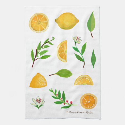 Zitronen und Blätter Maßgeschneidertes Küchentuch (Vertikal)