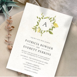 Zitronen und Blätter Monogramm Watercolor Weddin Einladung