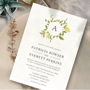 Zitronen und Blätter Monogramm Watercolor Weddin Einladung