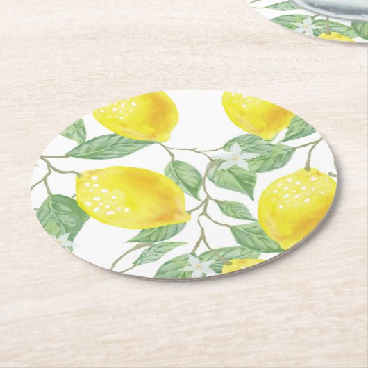 Zitronen und Blätter Runder Pappuntersetzer (Angewinkelt)