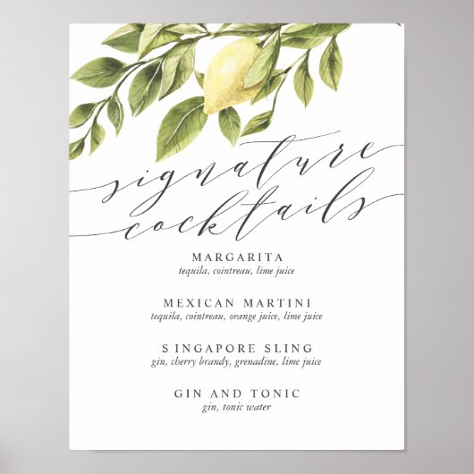 Zitronen und Blätter Signature Cocktail Menü V2 Ze Poster (Vorne)