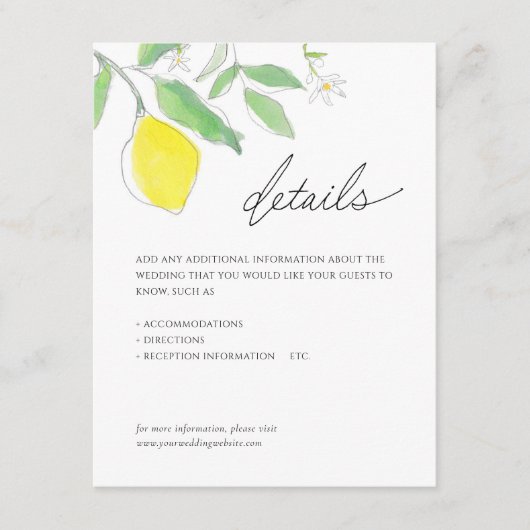 Zitronen und Blätter Wasserfarbendetails Hochzeit Begleitkarte (Vorderseite)
