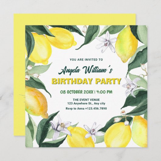 Zitronen und Blume zum Geburtstag Einladung (Vorne/Hinten)
