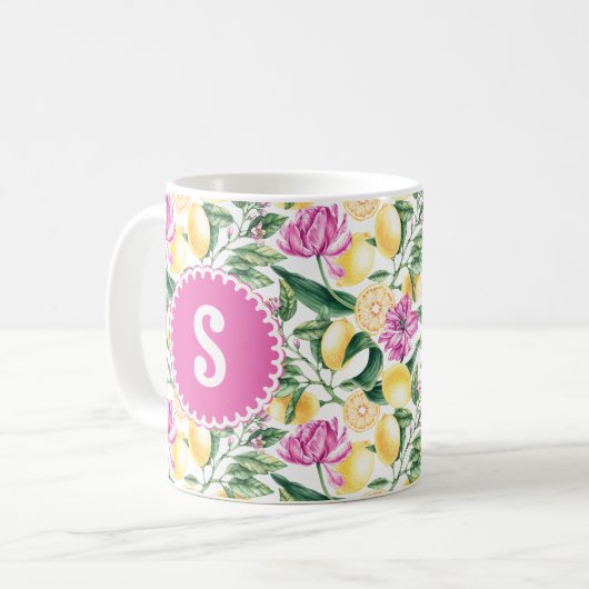 Zitronen und Blütenmuster | Citrus Monogram Kaffeetasse (Vorderseite Links)