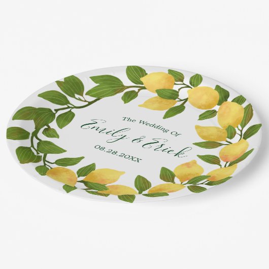 Zitronen und Grünkreide Hochzeitsscheibe Pappteller (Schrägansicht)