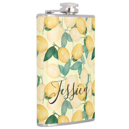 Zitronen und Grünpflanzen Vinyl umhüllt Flachmann (Rechts)