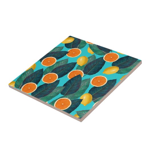 Zitronen und Orangen aquamarin Fliese (Seite)