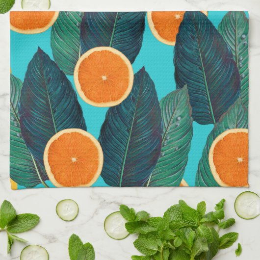 Zitronen und Orangen aquamarin Handtuch (Gefaltet)
