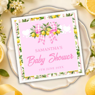Zitronen- und rosa Gingham-Schleifen-Baby-Party Serviette