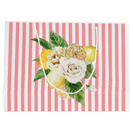 Zitronen und Rose auf rosa Streifen Große Geschenktüte