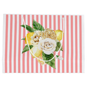 Zitronen und Rose auf rosa Streifen Große Geschenktüte