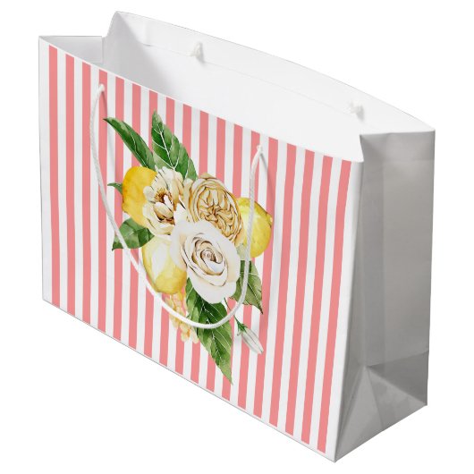 Zitronen und Rose auf rosa Streifen Große Geschenktüte (Rückseite Schrägansicht)