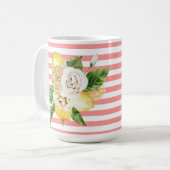 Zitronen und Rose auf rosa Streifen Kaffeetasse (Vorderseite Links)