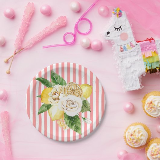 Zitronen und Rose auf rosa Streifen Pappteller (Party)