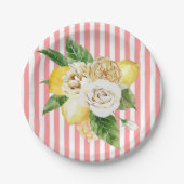Zitronen und Rose auf rosa Streifen Pappteller (Vorderseite)