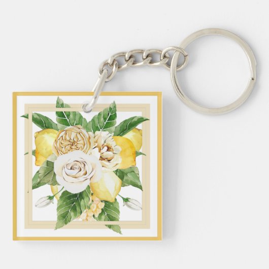 Zitronen und Rose in gelben Rahmen Schlüsselanhänger (Rückseite)