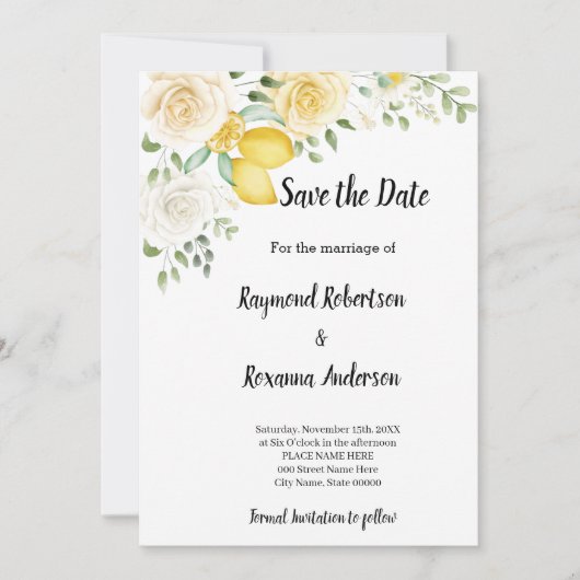 Zitronen und Rose Save the Date Einladung (Vorderseite)