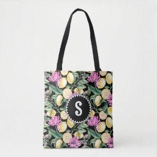 Zitronen und Tulpen Blumenmuster   Zitrus Monogram Tasche