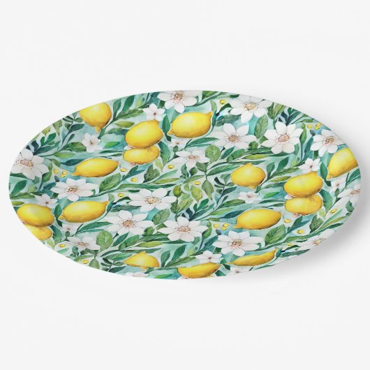 Zitronen und weiße Blume - französische Landesdeko Pappteller (Schrägansicht)