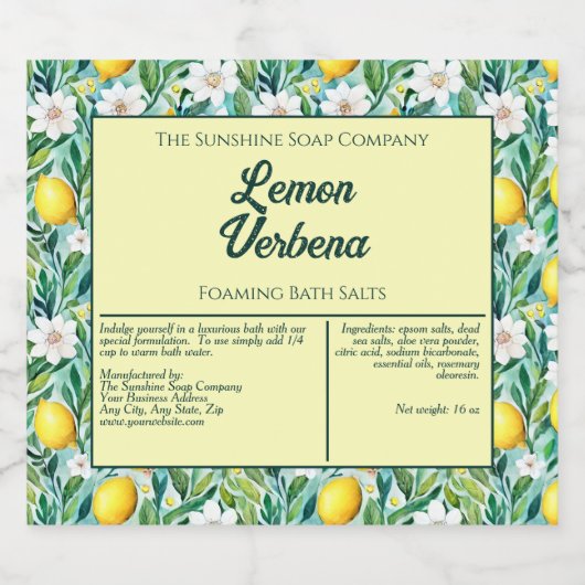 Zitronen und weiße Blume Wasserfeste Badesalze Schaumweinetikett (Einzelnes Label)