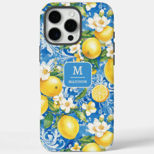 Zitronen-Zitrus-Monogramm-Name Blau Gelb Floral iPhone 16 Pro Max Hülle