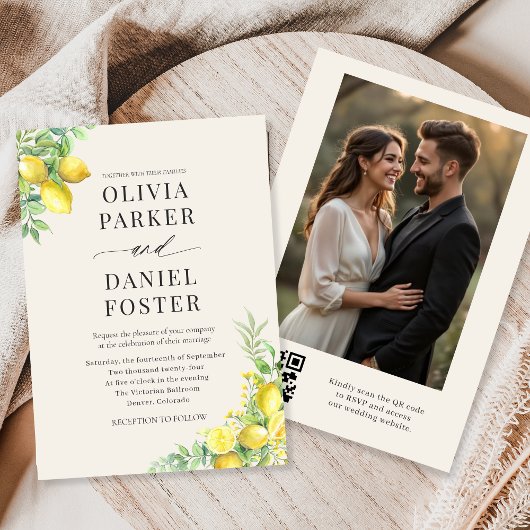 Zitronen-Zitrus-QR-Code-Foto-Hochzeit Einladung