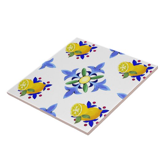 Zitronen, Zitrusfrüchte, Majolika Fliese (Seite)