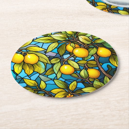 Zitronenbaum, gläsernes Muster, mediterran Runder Pappuntersetzer (Angewinkelt)