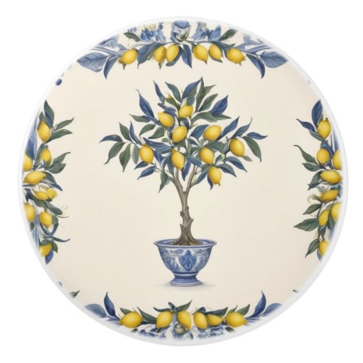 Zitronenbaum in Blau und Weiße Pot Lemons Keramikknauf (Vorderseite)