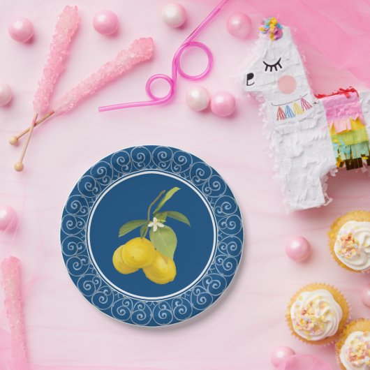 Zitronenbaum w Blätter in Blume Schmiedeeiserzaun Pappteller (Party)