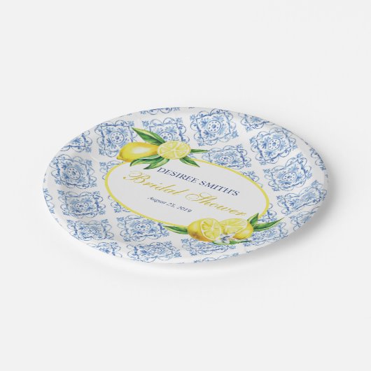 Zitronenbäume, blaue Tile, Italienisch Pappteller (Schrägansicht)