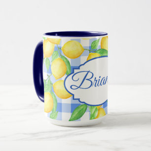 Zitronenblau Gingham Cottagecore Personalisierter  Tasse