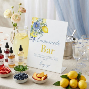 Zitronenblaue Blumen-Zitronen-Limonaden-Bar-Schild Sockelschild