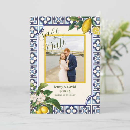Zitronenblüten in Italien - Verlobung Save the Dat Einladung (Stehend Vorderseite)