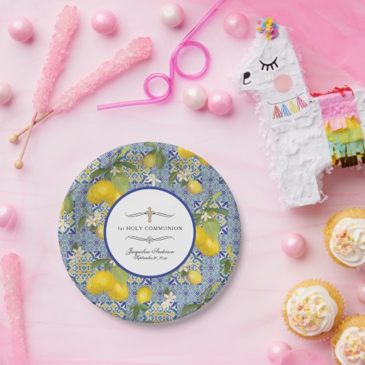 Zitronenblütenzitrus Foliage Blauer 1. Kommunion Pappteller (Party)