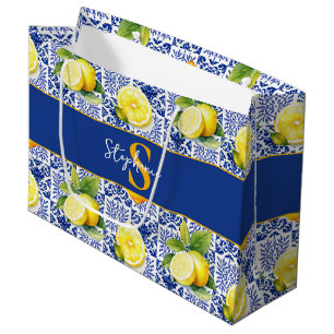 Zitronenfliese Blau Weiß Muster Monogramm Name Cit Große Geschenktüte